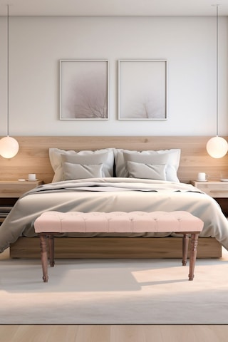 Gazzini Classic Torna Gürgen Ahşap Ayak Chester Model Kapitoneli Pembe Puf Bench - Ceviz Ayak