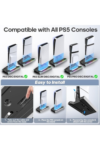 Ps5/slim/pro Stand, Otomatik Ayarlanabilir 3 Seviyeli Soğutma Fanı, 9 Rgb Işıklı Ps5 Soğutma İstasyonu Ve Çift