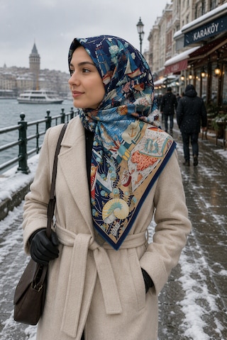 Zer Scarf Okyanus Desen Eşarp/omuz Şalı Lacivert