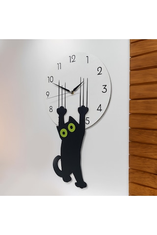 Cajuart Özel Ahşap Tasarım Saati Tırmalayan Kara Kedi Duvar Saati Dekor Beyaz - Siyah