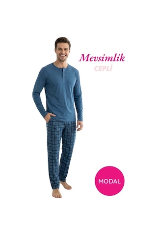 Guava Modal 3 Düğmeli Ekose Desenli Erkek Pamuk Likra Mevsimlik Manşetli Uzun Kollu Cepli Pijama Takımı Mavi