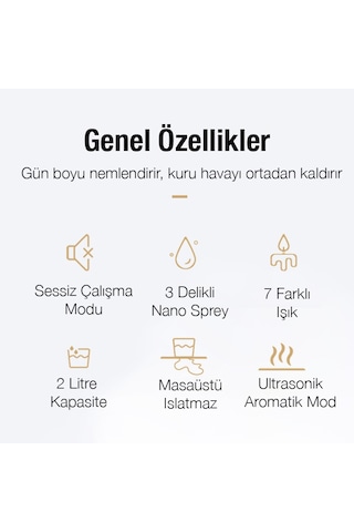 Ezere Led Işıklı 3 Üfleme Kanallı 2L Su Kapasiteli Hava Nemlendirici