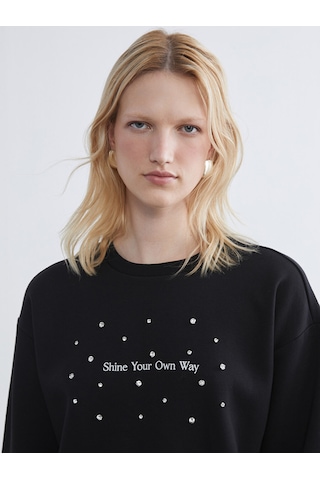 Lcwaıkıkı Maternity Siyah Bisiklet Yaka Taşlı Kadın Kalın Sweatshirt