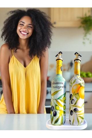 El Yapımı Limon & Zeytin Desenli Cam Yağdanlık & Sirkelik Seti Şık Mutfak Dekoru & Özel Ev Hediyes Beyaz - Kırmızı - Sarı