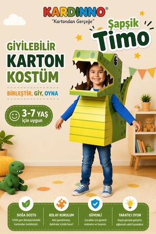 Kardinno Sivri Diş Şapşik Timo Karton Giyilebilir Çocuk Kostümü Etkinlik Parti Doğum Günü Kostüm