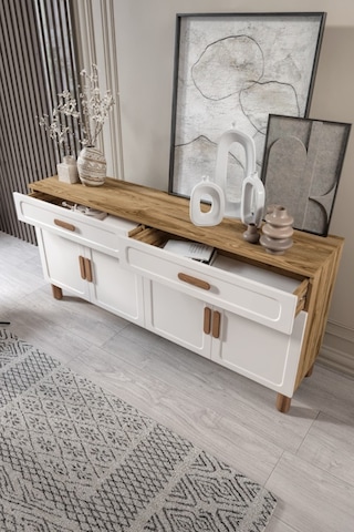 Flora Bohem Serisi 4 Kapaklı 2 Çekmeceli Salon Konsolu Büfe Aytaşı Ceviz 180x84 Cm Ceviz - Ekru