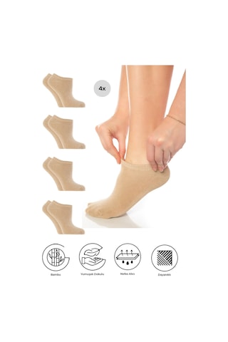 Saysez Bambu Kadın Sneaker Bej Çorap Dikişsiz Görünmez Bilekte Spor Çorap Premium 4'lü Paket Renkli