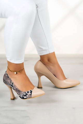 Jatqılı Plus Ten Yılan Kadeh Topuklu Ayakkabı Bej Yılan