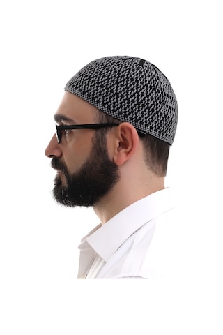 Gri Orlon Kışlık Namaz Takkesi Baklava Desenli Takke
