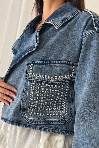 Lacarino 7660 Taşlı Kadın Jean Ceket Dark Blue Taşlı