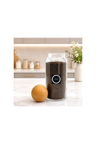 Ahşap Top Kapaklı Cam Saklama Kavanozu 1400 Ml Çay Etiketi Hediyeli Çok Renkli