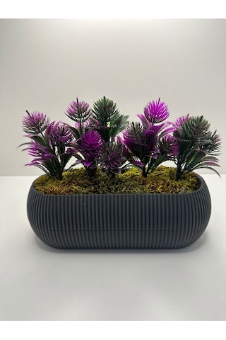Uzun Gri Saksıda Yapay Çiçek Yeşil Iğneli Çam Demeti Dekoratif Mutfak Banyo Masa Çiçeği 21x9x7 Cm - Fuşya