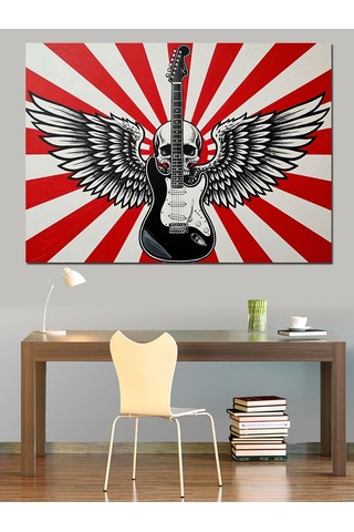 Kanatlı Kurukafa Ve Elektrogitar Görselli Retro Arka Fonlu Afiş Dekoratif Kanvas - Mdf Ahşap Tablo