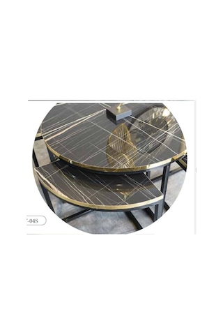 Mim Siyah Mermer - Siyah Yuvarlak 4+1 Pizza Orta Sehpa Siyah Mermer - Siyah