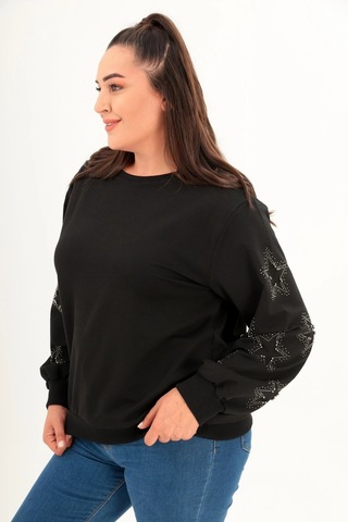 Aytemas Kolları Yıldız Taş Baskılı Sweatshirt Siyah