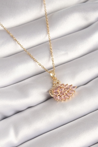 316l Çelik Gold Renk Zincir Pembe Zirkon Taşlı Kuğu Model Kadın Kolye Çok Renkli