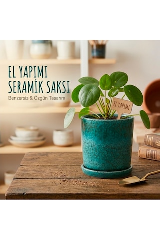 El Yapımı Seramik Saksı & Altlık Seti Doğal Turkuaz Efektli Dekoratif Ve Fonksiyonel Tasarım - 10 Cm