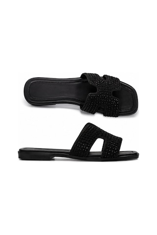 N Napa Shoe Np.1050.siyah Kadın Siyah Taş Detaylı Günlük Terlik Konforlu Düz Taban Şık Yazlık Terlik