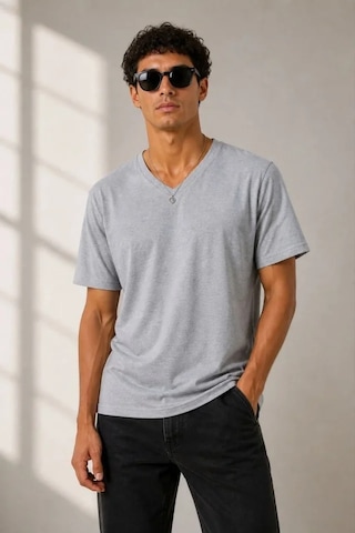 Modi Erkek V Yaka Basic Tişört Kısa Kol Yazlık Regular Fit T-shirt - Gri Açık Gri