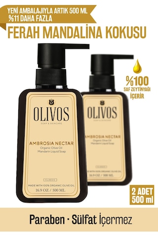 Doğal Zeytinyağlı Mandalina Sıvı Sabun Mandalinalı Zeytinyağı El Sabunu Nemlendirici 2 Adet 500 Ml