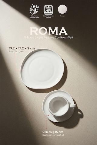 Roma 18 Parça Porselen Pasta Ve Çay İkram Seti Beyaz Beyaz