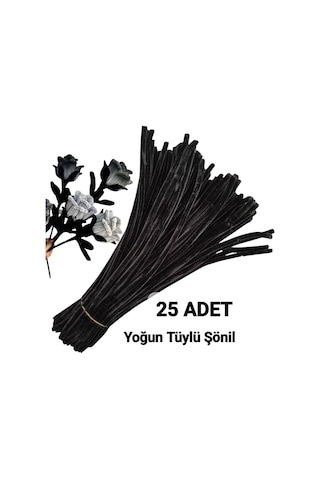 25 Adet Siyah Şönil, Çiçek Yapımına Uygun Tüylü Tel, 30 Cm 6 Mm