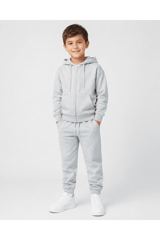 Eray Alp Kids Unisex Çocuk Gri Kapüşonlu Fermuarlı Eşofman Takımı Günlük Rahat Kombin