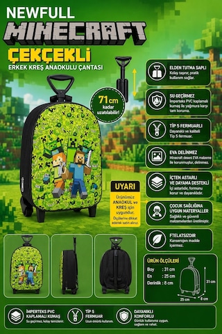 Newfull Çekçekli Minecraft Erkek Anaokul Sırt Çantası-yeşil