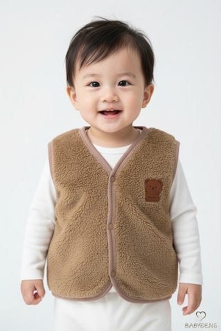 Babyden's Welsoft Erkek Bebek Çocuk Çıtçıtlı Yelek Ayıcık Armalı, Yumuşak Peluş Bebek Yeleği Kahverengi