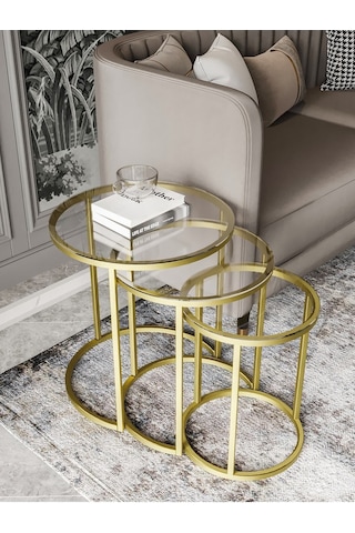 Dekoport Milas Mat Gold Zigon Sehpa - Temperli Şeffaf Cam Gold