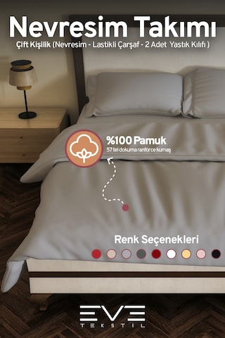 Eve Tekstil %100 Pamuk Ranforce Çarşaflı Yastık Ve Yorgan Kılıflı Çift Kişilik Nevresim Takımı 200x220 Cm Açık Gri