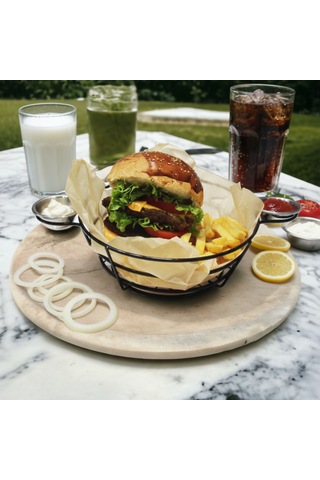 Tekmarked Metal Sosluklu Hamburger Ve Patates Kızartması Sunum Sepeti Siyah