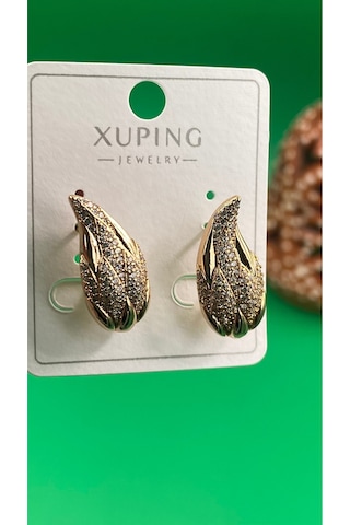 Xuping Rose Gold Yaprak Desenli Taşlı Kadın Çelik Küpe Gold