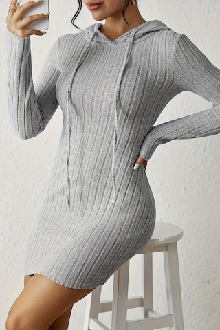 Merry See Uzun Kollu Kapşonlu Mini Elbise Gri