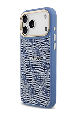 Apple Uyumlu iPhone 17 Pro Max Kılıf Guess M-safe Şarjlı Gold Kamera Çerçeve Pu Deri Yazı Logolu Kahverengi Mavi Mavi