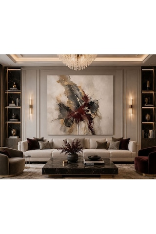 Çerçevesiz Modern Soyut Ekspresyonist Kanvas Tablo Bordo, Antrasit Ve Altın Dokulu Lüks Duvar Dekoru Salon, Antre, Ofis Ve Yatak Odası İçin Premium Tasarım Tablo
