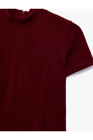 Koton Slim Fit Dokulu Dik Yaka Kısa Kollu Peplum Bluz Bordo 7wak50107ek