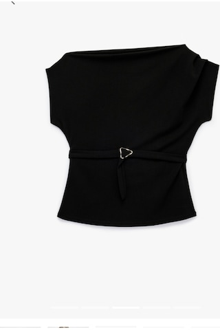 Yıldızan Kumaş Slim Fit Kemerli Omzu Açık Kayık Yaka Kolsuz Bluz Siyah