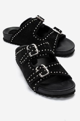 Luvi Shoes Avenelle Siyah Süet Hakiki Deri Çift Bantlı Zımbalı Kadın Terlik