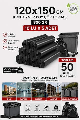 120x150 Cm 240 Litre Konteyner Boy Çöp Torbası 50 Adet Siyah Dayanıklı Endüstriyel Çöp Poşeti 10'lu 5 Rulo