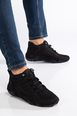 Hakiki Deri Nubuk Erkek Bot Siyah Elastik Bağcıklı Saraçlı Taban-3485 Siyah