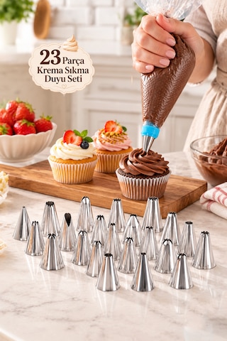 Porsima 05808 23 Parça Paslanmaz Çelik Krema Sıkma Duy Seti - Pasta, Cupcake, Tulumba Tatlısı Süsleme Uçları Ve Adaptör Metalik
