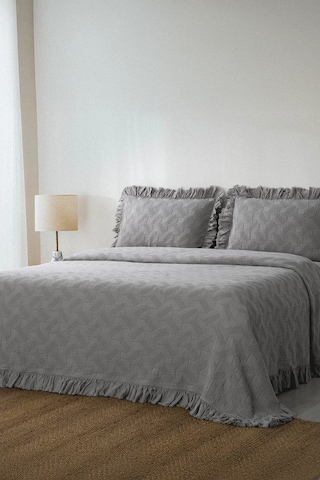 Ecocotton Tanya Gri %100 Organik Pamuk Çift Kişilik Pike Yatak Örtüsü Takımı Gri