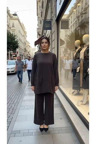 Nuss 1039 Cupra İpek Pantolonlu Takım -kahve Kahverengi
