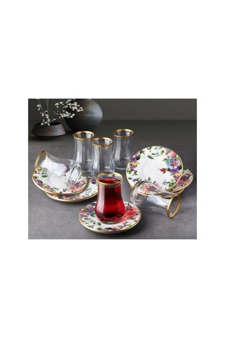 Flora 6 Kişilik Seramik Tabaklı Çay Bardağı Takımı Seti Çok Renkli