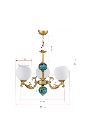 Dede Üç Kollu Zamak Avize Beyaz Camli Yeşil Çinili