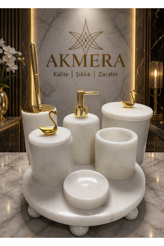 Mermer Top Ayaklı Standlı 7 Parça Lüks Banyo Seti Altın - Beyaz