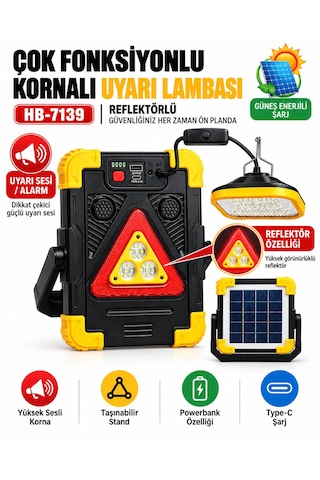 Çok Fonksiyonlu Reflektör Solar Lamba Powerbank Güneş Enerjili Yüksek Sesli Sirenli Lamba Acil Durum Sireni Uyarı Alarm Sesli Taşınabilir Şarjlı Ekstra Lambalı