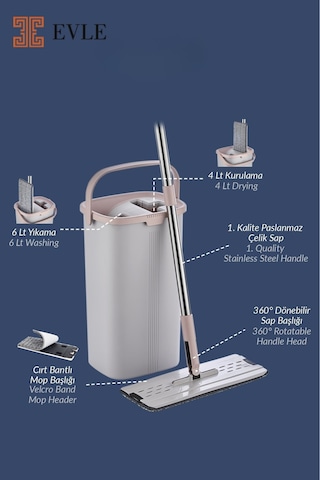 Lavine Premium Flat Mop Seti Gri, Su Tahliyeli Kova, Paslanmaz Çelik Sap