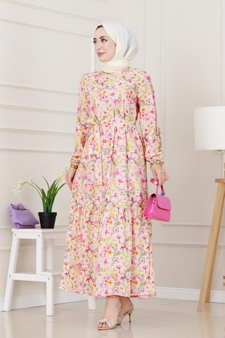Sevitli Çiçekli Kumsal Elbise-pembe-5245 Pembe